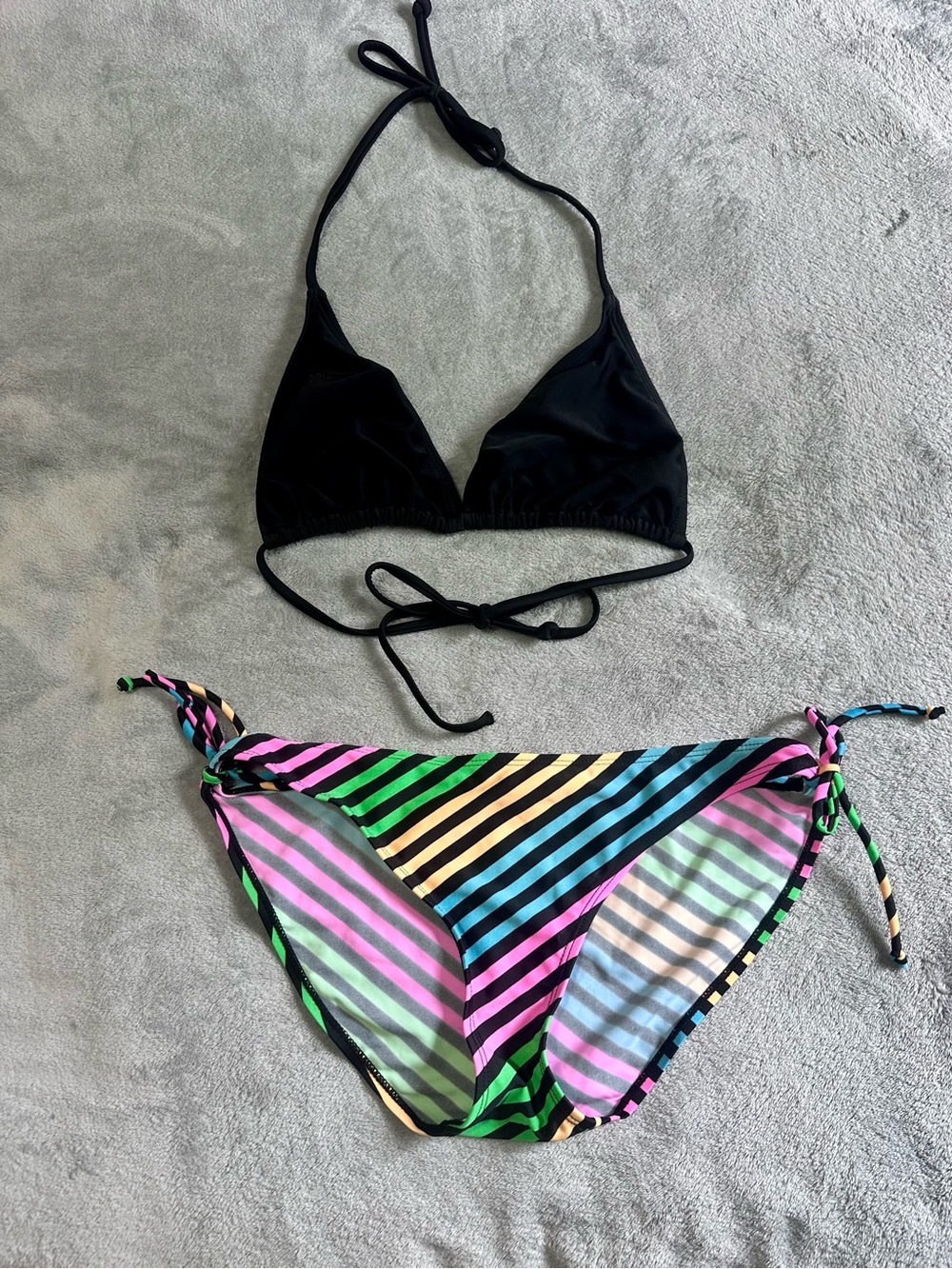 Black Triangle Bikini Top (L) with Multicolor Striped Tie-Side Bottoms (M)